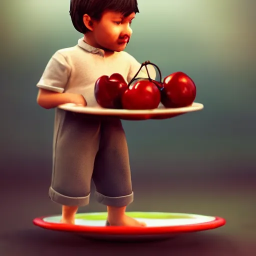 Image similar to close - up of a tiny!!! boy standing on a plate!!! and carrying a ( beachball - sized ) cherry in his arms, ultra realistic, highly detailed, sharp focus, cinematic lighting, mood lighting, realistic, vivid colors, photorealistic, artstation