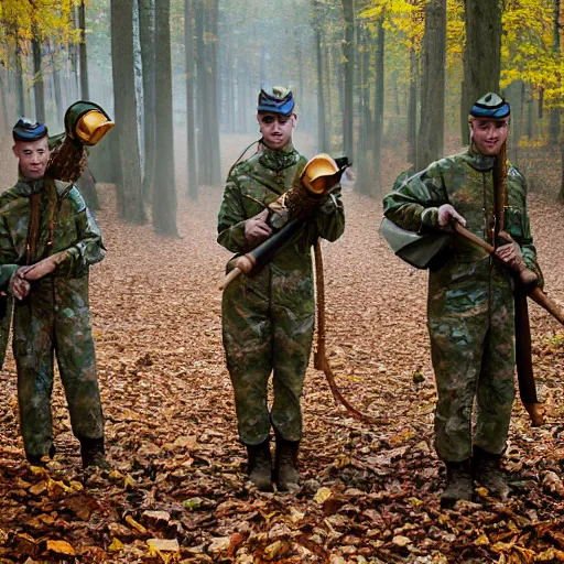 Prompt: portrait of soldiers armed with leaf blowers in a fall forest, by Steve McCurry and David Lazar, natural light, detailed face, CANON Eos C300, ƒ1.8, 35mm, 8K, medium-format print