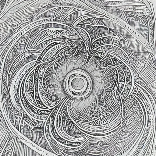 Image similar to infinite dimensions draw in intricate detail with micron black ink on large parchment