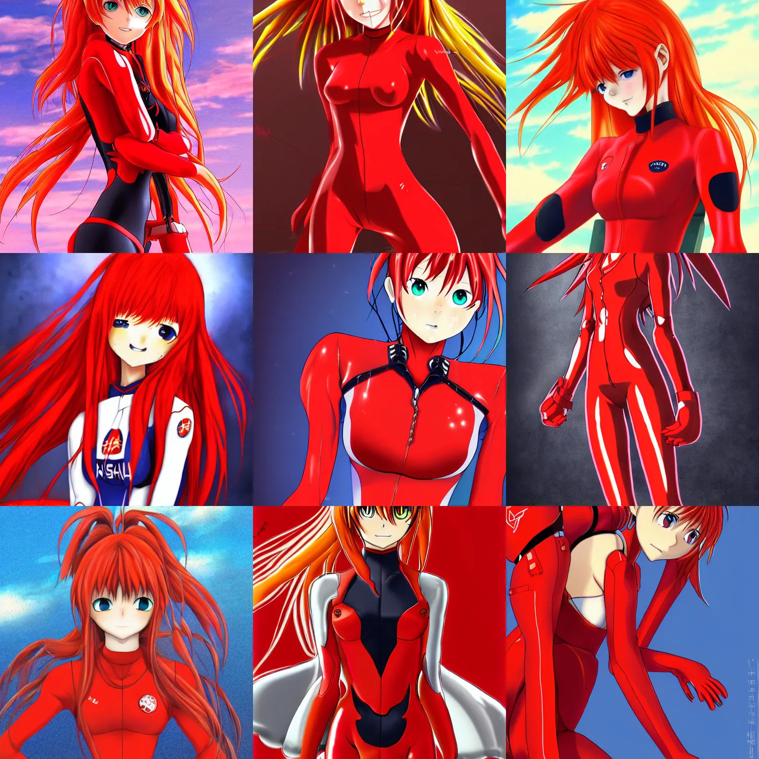 Prompt: asuka langley sohryu from neon genesis evangelion, wearing her red plugsuit ; digital anime art, realistic, trending on pixiv