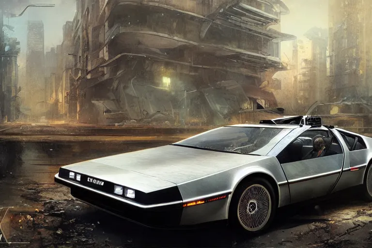 Image similar to photograph of the delorean, with a sleek spoiler, driving down the streets of a cyberpunk abandoned city, by greg rutkowski, by stanley artgerm, by alphonse mucha