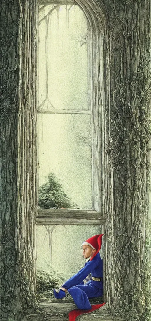 Image similar to an elf staring at the window looking at the trees outside, 8 k, ultra _ realistic, art by alan lee