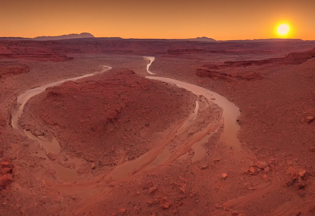 Image similar to a river bend running through a canyon surrounded by desert mountains at sunset on mars, planet mars, moab, utah, ground - level, a tilt shift photo by frederic church, trending on unsplash, hudson river school, photo taken with provia, national geographic photo