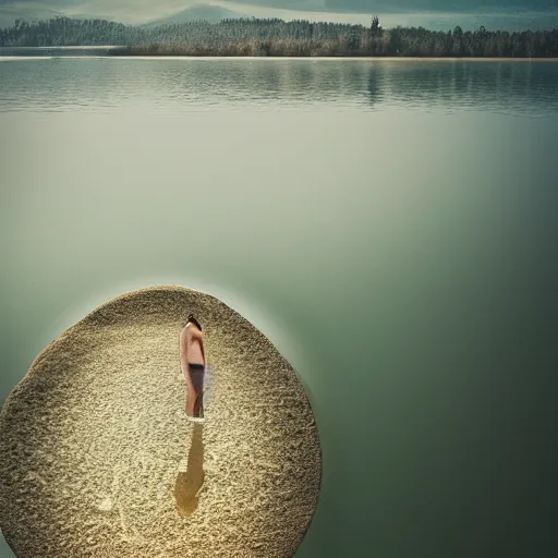 Image similar to dslr photo of a large lake with ripples from a pebble skimming across the water, full bodied portrait, artgerm, artstation, very high quality effects, intricate details,, extremely high quality, moody lighting, real camera, real photo, photography by deviantart, 8 k, full subject in shot