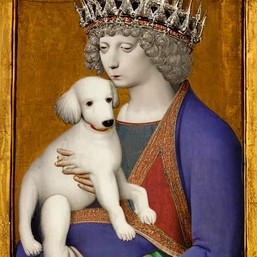 Prompt: portrait of a white poodle as an italian queen, painting by giotto di bondone, 1 3 0 0