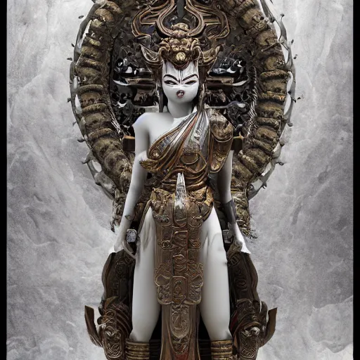 Image similar to naraka buddhist demon korean female, highly detailed, symmetrical long head, smooth marble surfaces, detailed ink illustration, raiden metal gear, cinematic smooth stone, deep aesthetic, concept art, post process, 4 k, carved marble texture and silk cloth, latex skin, highly ornate intricate details, in the style of 8 8 grzes