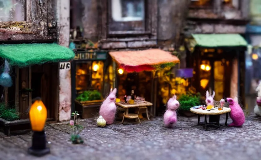 Image similar to miniature cafe diorama macro photography, cafe with felted bunnies, alleyway, ambient, atmospheric, british, cozy, bokeh, romantic, colorful lanterns