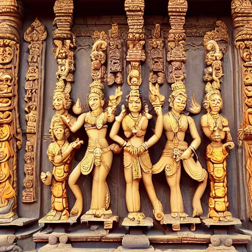 Image similar to hindu gods and goddesses posing together, carved in a temple