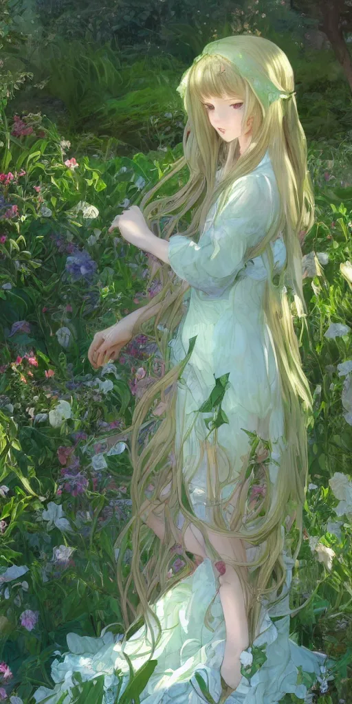 Image similar to a digital art of a loli with long hair in a dress in the privet garden at after noon, green and warm theme and blue accents, back lighting, by krenz cushart and mucha, highly detailed, 4 k resolution, trending on art station