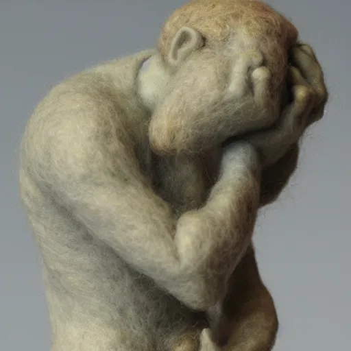 Image similar to needle felted sculpture of the thinker by rodin