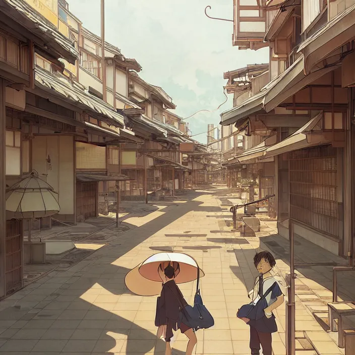 Image similar to empty japanese city, summer, in the style of studio ghibli, j. c. leyendecker, greg rutkowski, artem