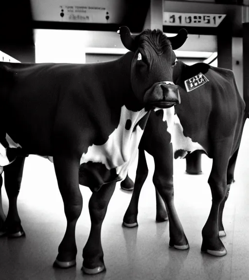 Prompt: two human skin dairy cows standing on two feet at the airport trending flickr noir detailed portrait