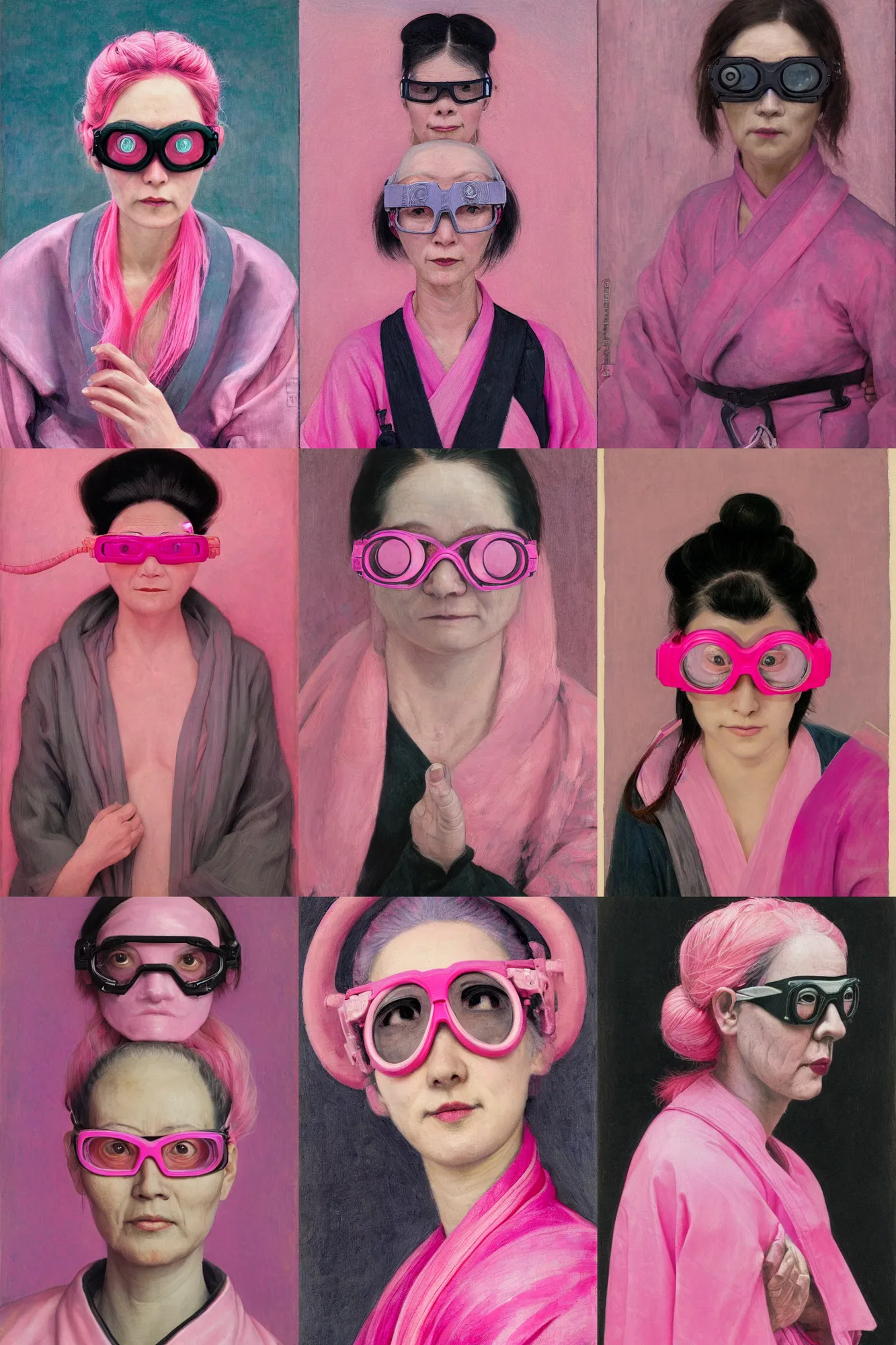 Prompt: woman with grey skin wearing a pink kimono and pink flak goggles by Annie Swynnerton and Nicholas Roerich, madness combat, strong dramatic cinematic lighting , long ponytail, pink hair, pink kimono, neon pink glasses, sleeveless, smooth, sharp focus, extremely detailed