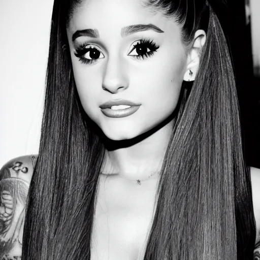Prompt: ariana grande recursive photo beautiful ariana grande photo bw photography 130mm lens. ariana grande backstage photograph posing for magazine cover. award winning promotional photo. !!!!!COVERED IN TATTOOS!!!!! TATTED ARIANA GRANDE NECK TATTOOS. Zoomed out full body photography.