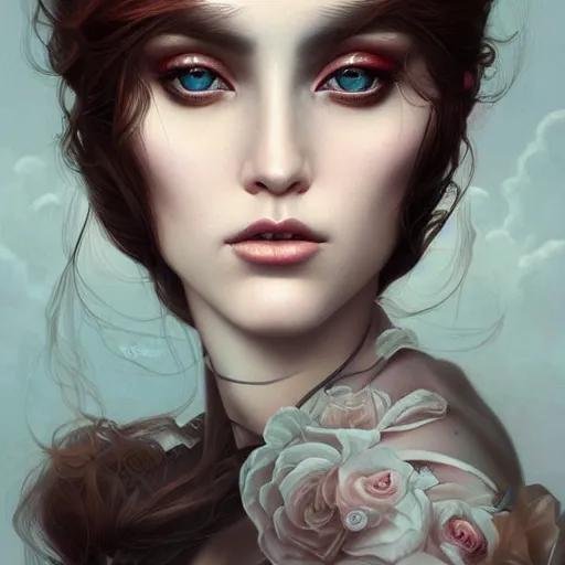 Image similar to tom bagshaw portrait, very beautiful dollpunk in a full dress and long thin lustrous auburn hair, professionally retouched, ultra realistic soft painting, perfectly detailed linework, symmetrical accurate intricate features, behance, focus