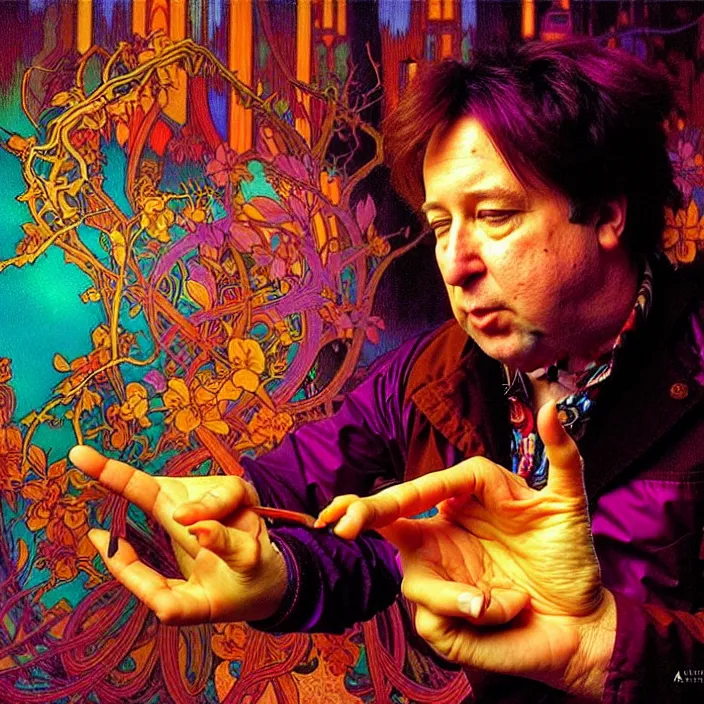 Prompt: bright psychedelic photo of BILL HICKS finds a treasure in an apartment, diffuse lighting, fantasy, intricate, elegant, highly detailed, lifelike, photorealistic, digital painting, artstation, illustration, concept art, smooth, sharp focus, art by John Collier and Albert Aublet and Krenz Cushart and Artem Demura and Alphonse Mucha