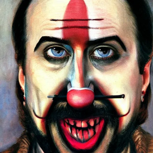 Prompt: detailing character concept portrait of Nicholas Cage acting as a clown by Caravaggio, on simple background, oil painting, middle close up composition, hyper realistic