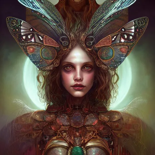 Prompt: realistic illustration of a beautiful rusted mechanical faerie queen with glowing eyes, moth wings with geometric patterns, reflective detailed textures, highly detailed dark fantasy science fiction painting by tom bagshaw and diego rivera, silver and cool colors, artstation