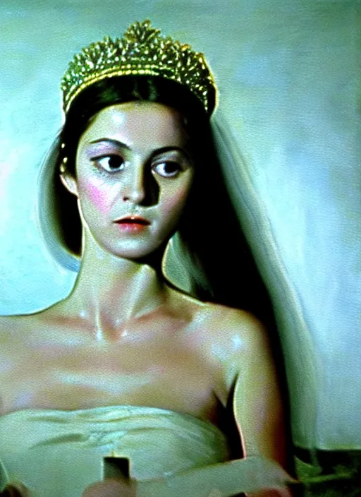 Image similar to 1971 film still from an Italian drama film of a young French actress as the goddess of razor blades. ultra detailed painting at 16K resolution and amazingly epic visuals. epically beautiful image. amazing effect, image looks gorgeously crisp as far as it's visual fidelity goes, absolutely outstanding. vivid clarity. ultra. iridescent. mind-breaking. mega-beautiful pencil shadowing. beautiful face. Ultra High Definition. godly shading. amazingly crisp sharpness. photorealistic film cel processed twice..