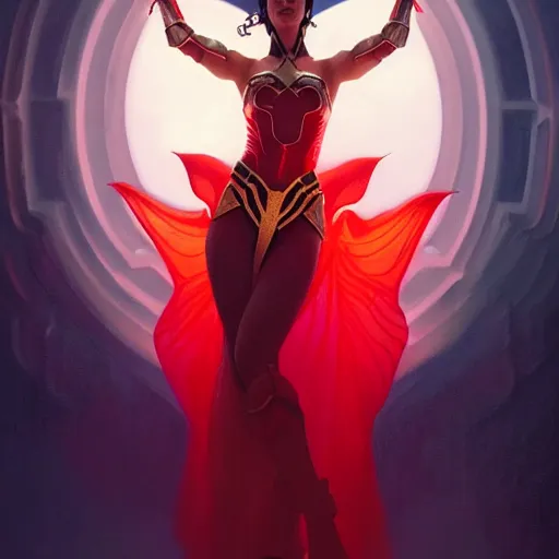 Image similar to catriona gray as darna, volumetric lights, red and cyan theme, art nouveau botanicals, intricate, highly detailed, digital painting, artstation, concept art, smooth, sharp focus, cinematic, illustration, beautiful face, art by artgerm and greg rutkowski and alphonse mucha