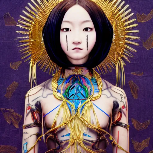 Image similar to Harsune Miku anime female goddess stands for a waist up portrait with her body sightly wrapped in thin gold wire creatively arranged so as to look like Emoji tattoos, in an empty japanese tatami home, hyper photo realistic 8K HD HDRI, photo by Annie Leibovitz.