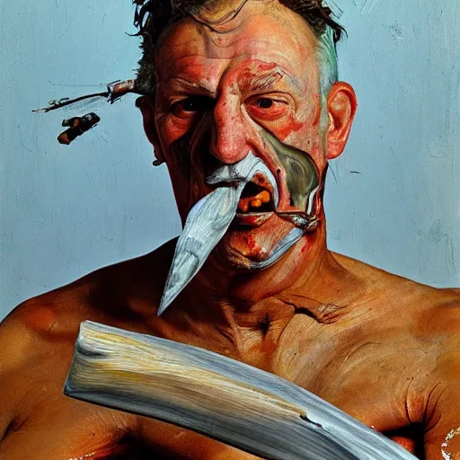 Prompt: high quality high detail painting by lucian freud and jenny saville, hd, crazy man with an axe, turquoise