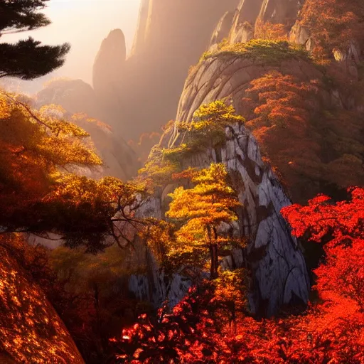 Prompt: huangshan with levitating stones in zero gravity, no trees, ancient redwood forest, taoist temples and monks, artwork by ansel adams, andreas rocha, artstation, scifi, hd, wide angle, viewed from within a stone grotto, autumnal, sunset