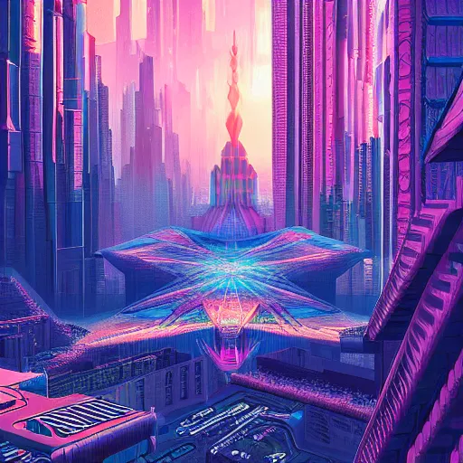 Image similar to matte painting of the sacred geometry of cyberpunk, brilliant colors, extremely detailed, very very detailed, in the style of alena aenami by Alex grey, HD, 4k, 8k