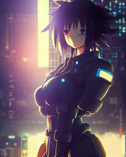 Image similar to portrait of anime girl in mechanic armor in night tokyo by makoto sinkai, my hero academia,cyberpunk, greg rutkowski, perfect face, fine details