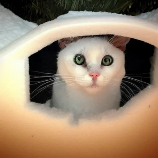 Image similar to cute!!! cat peeking its head out an igloo, 33mm, close up photo