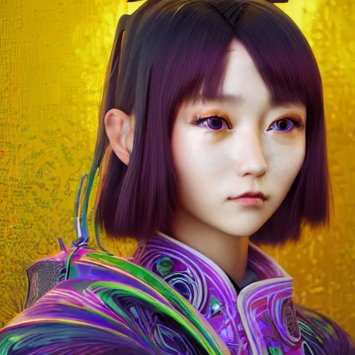 Prompt: centered portrait of a slight happy cyberpunk 3D beautiful Japanese girl in kimono, hyperdetailed eyes, soulful eyes, beautiful eyes, soulful irises, digital painting, trending on Artstation, cel-shading style, CG society, hyperdetailed, digital painting, hypermaximalist, golden ratio, volumetric, octane render, weta digital, micro details, 3d sculpture