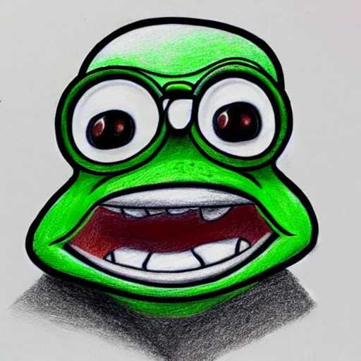Prompt: detailed 3d pencil drawing of pepe the frog in the style of matt furie feels good man, shadows, cool, hand drawn