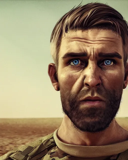 Image similar to portrait of muscular, tired and alcoholic 3 0 - year - old grieving man with short darkblonde hair, serious sad look in his eyes, looking down, dirty beard, blue eyes, crying tears, wearing dirty soldier uniform, on the desert, sad atmosphere, hyper realistic face, character art, art by mark brooks, cryengine, trending on artstation, digital art