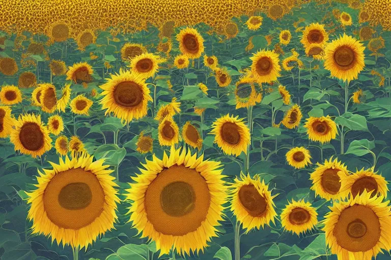 Image similar to lots of sunflowers in a garden, golden hour, artstation, by victo ngai