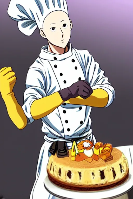 Image similar to chef saitama one punch man, dressed as a pastry chef, making a cake, anime artwork