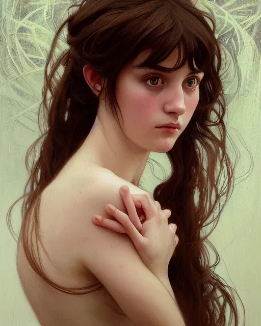 Image similar to portrait of a welsh teenage girl with brown hair, dark brown eyes, glowing skin, delicate features, quiet beauty, amelie poulain, fantasy, intricate, elegant, dress shirt, highly detailed, digital painting, artstation, concept art, smooth, sharp focus, illustration, art by Krenz Cushart and Artem Demura and alphonse mucha