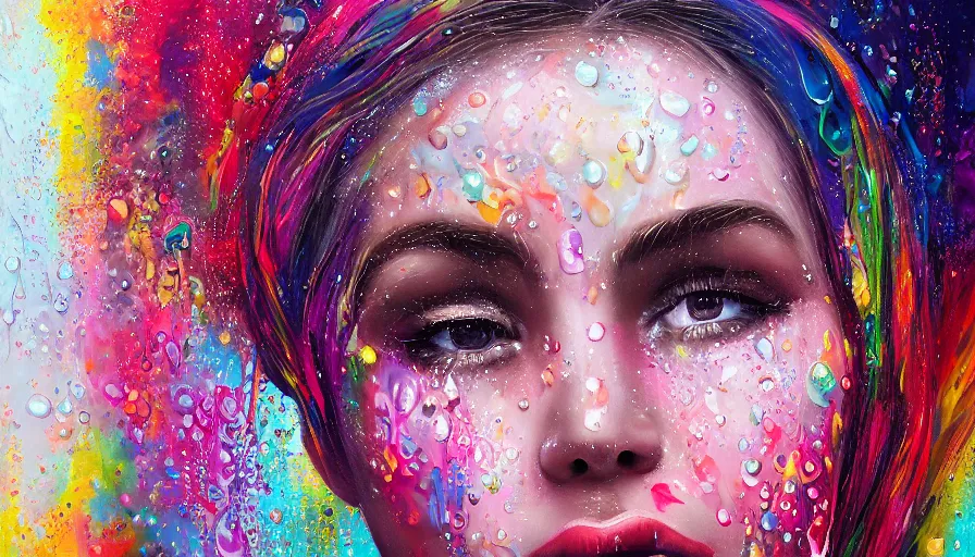 Image similar to sweet dreams, front female face, painting on canvas, watedrops, water droplets, acrylic painting, acrylic pouring, painting, influencer, artstation - h 8 0 0