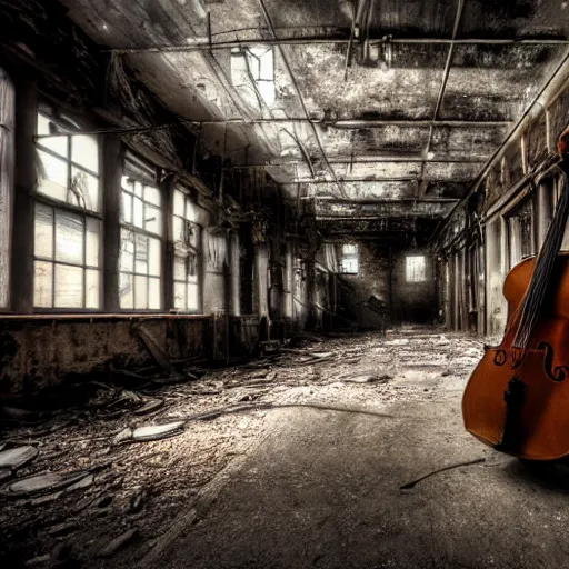 Image similar to abandoned steampunk factory with a Lonely cello, cinematic light,