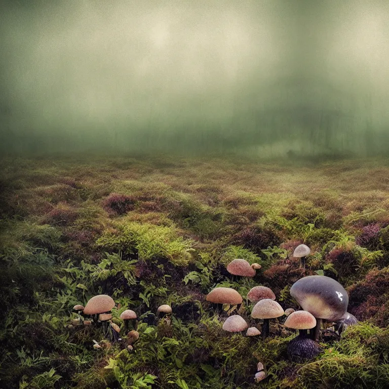 Image similar to a planet of various fungus, mushrooms and plants, inside the picture is infinity, Atmospheric phenomenon, artistic photography, muted colors, conceptual, long exposure outside the city, volumetric light