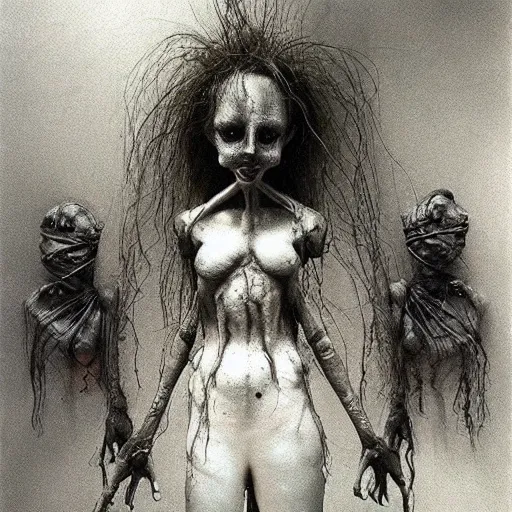 Prompt: creepy doll cursed witchcraft black eyes toy ryohei hase zdzislaw beksinski Lovecraftian dark blackness