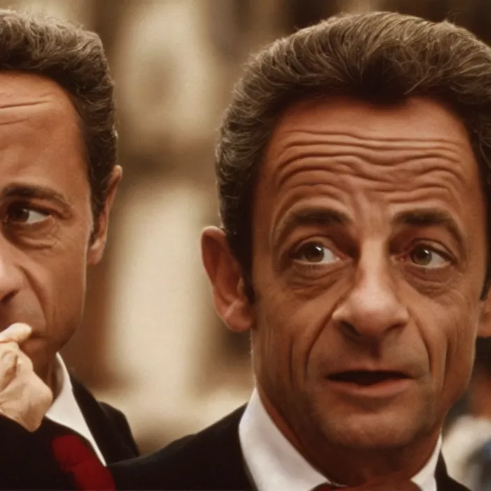Prompt: movie still of Nicolas Sarkozy in the muppet show, grainy picture cinemastill 800t 70s movie 18mm