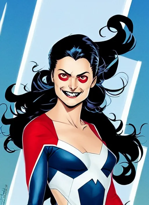 Prompt: Rafeal Albuquerque comic art, Joshua Middleton comic art, pretty female pale skin Phoebe Tonkin as Domino superhero marvel comics, black spot over left eye, fun smile, full body x-force outfit, long wavy black hair:: sunny weather::