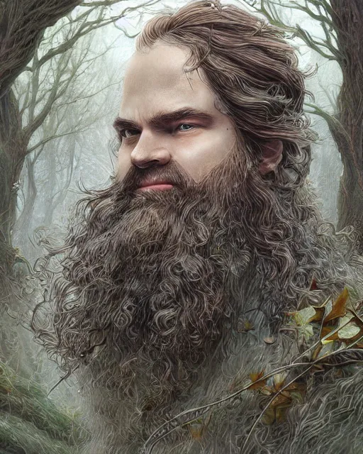 Prompt: patrick rothfuss as a forest druid with antlers and leaves in his beard, dreamy and ethereal, fantasy, intricate, elegant, highly detailed, digital painting, artstation, concept art, smooth, sharp focus, illustration, art by artgerm and greg rutkowski and donato giancola