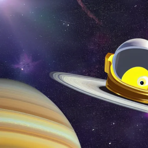 Prompt: astronaut Crab in outer space wearing a space helmet, floating above saturn
