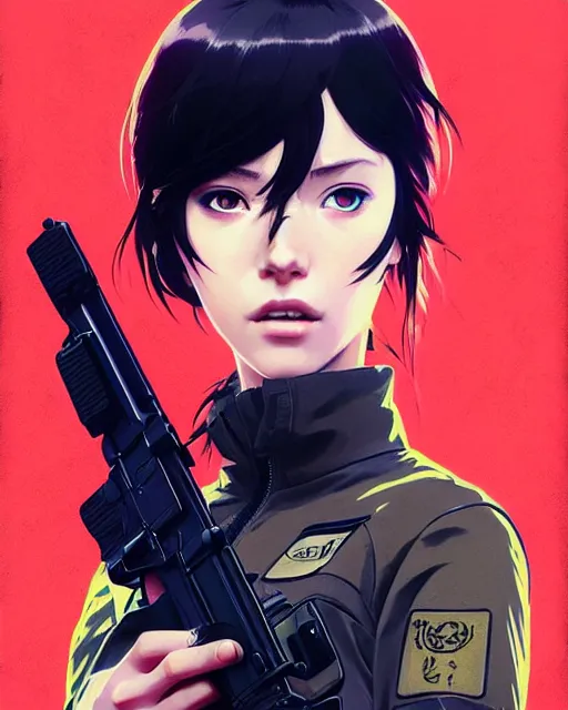 Image similar to girl wearing in tactical gear | | audrey plaza, fine detail!! anime!! realistic shaded lighting!! dramatic!! poster by ilya kuvshinov katsuhiro otomo ghost - in - the - shell, magali villeneuve, artgerm, jeremy lipkin and michael garmash and rob rey