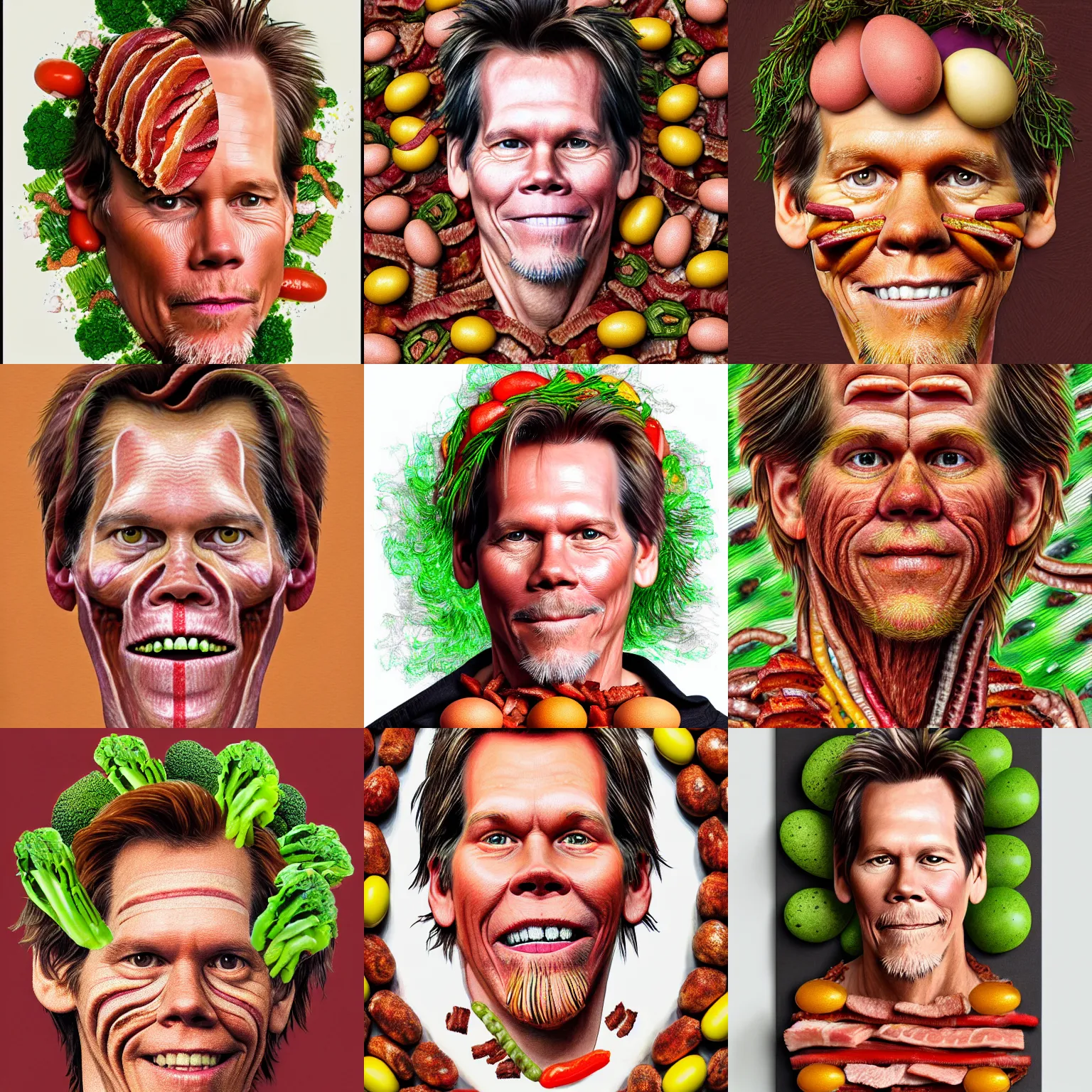 Prompt: highly detailed photo of kevin bacon made of eggs and 🥓 bacon and vegetables, digital painting by arcimboldo