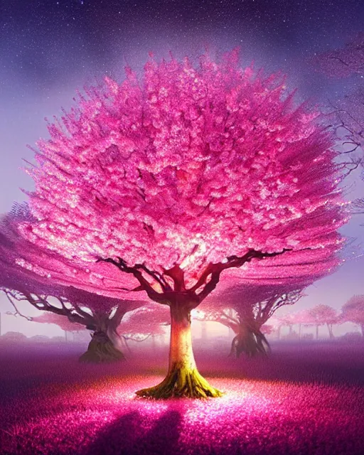 Prompt: highly detailed, stunning image of a heavenly miniuature diorama pink giants cherry blossom trees, stunning tree, ethereal, fairy lights, fireflies lightning glowing everywhere, divine bonsai, matte painting by Jordan Grimmer and Bosch