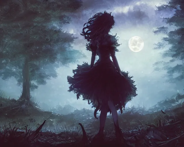 Image similar to goth woman in a moonlight view, in a forest, a river, tankoban, 4 k, tone mapping, akihiko yoshida, james jean andrei riabovitchev marc simonetti, yoshitaka amano, long hair, curly, h. hydrochaeri