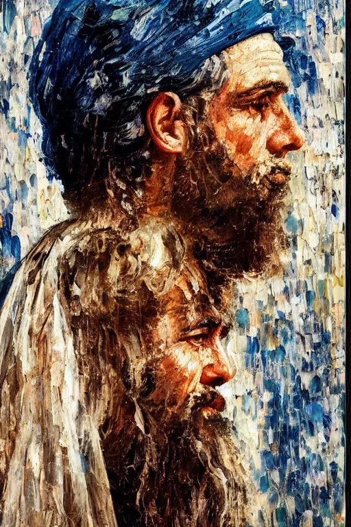 Image similar to highly detailed palette knife oil painting of a historically accurate depiction of the ancient biblical israeli king david, thoughtful, by Peter Lindbergh, impressionistic brush strokes, painterly brushwork