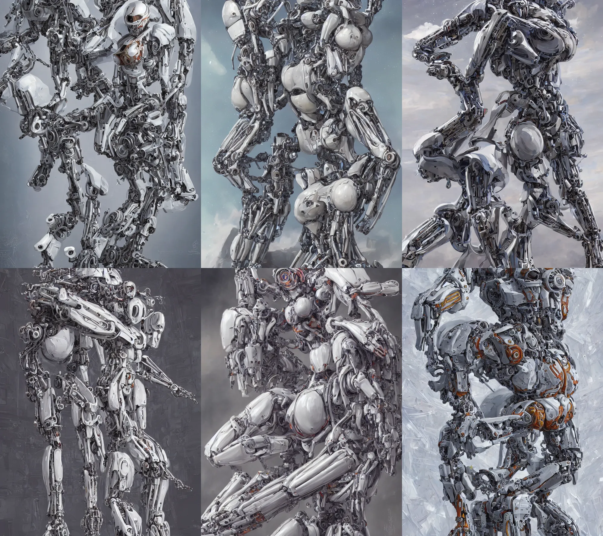 Prompt: a hyperrealist photography of a slim woman in a hyperdetailed mecha suit with biomechanical powered exoskelton inside a white futurtic spacelab, extreme joy, james jean art, cinematic, highly detailed, sharp focus, intricate concept art, digital painting, colorful flat surreal design, hd, 8 k, artstation, ambient lighting